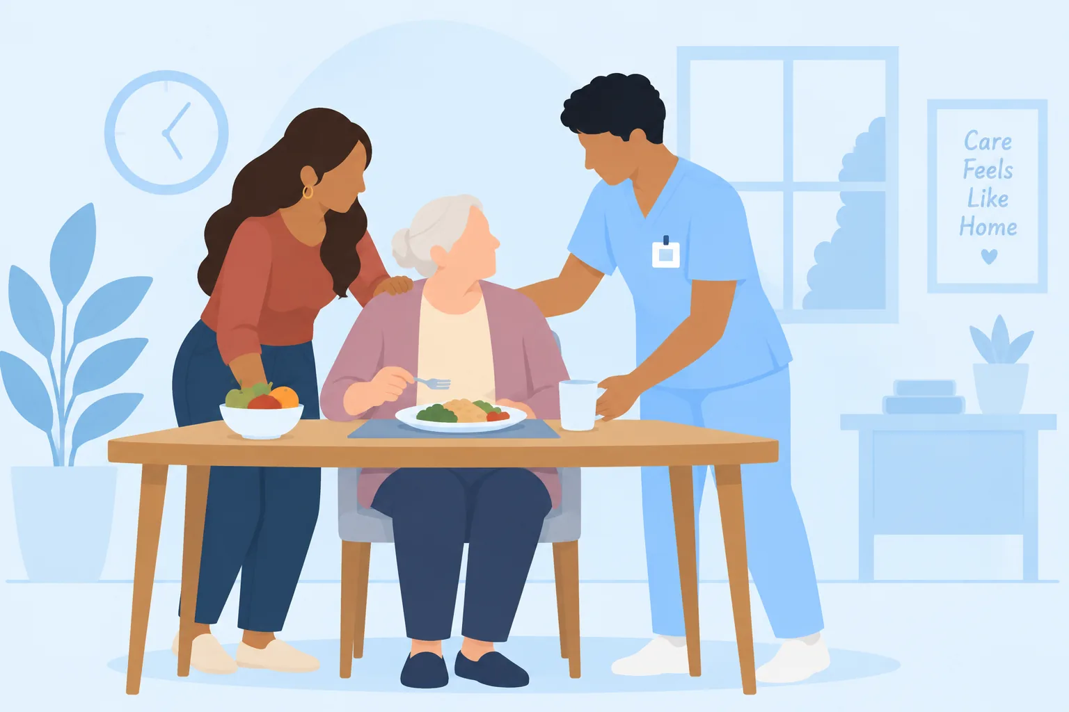 A caregiver keeps an older woman company at breakfast while her daughter rests a hand on her shoulder