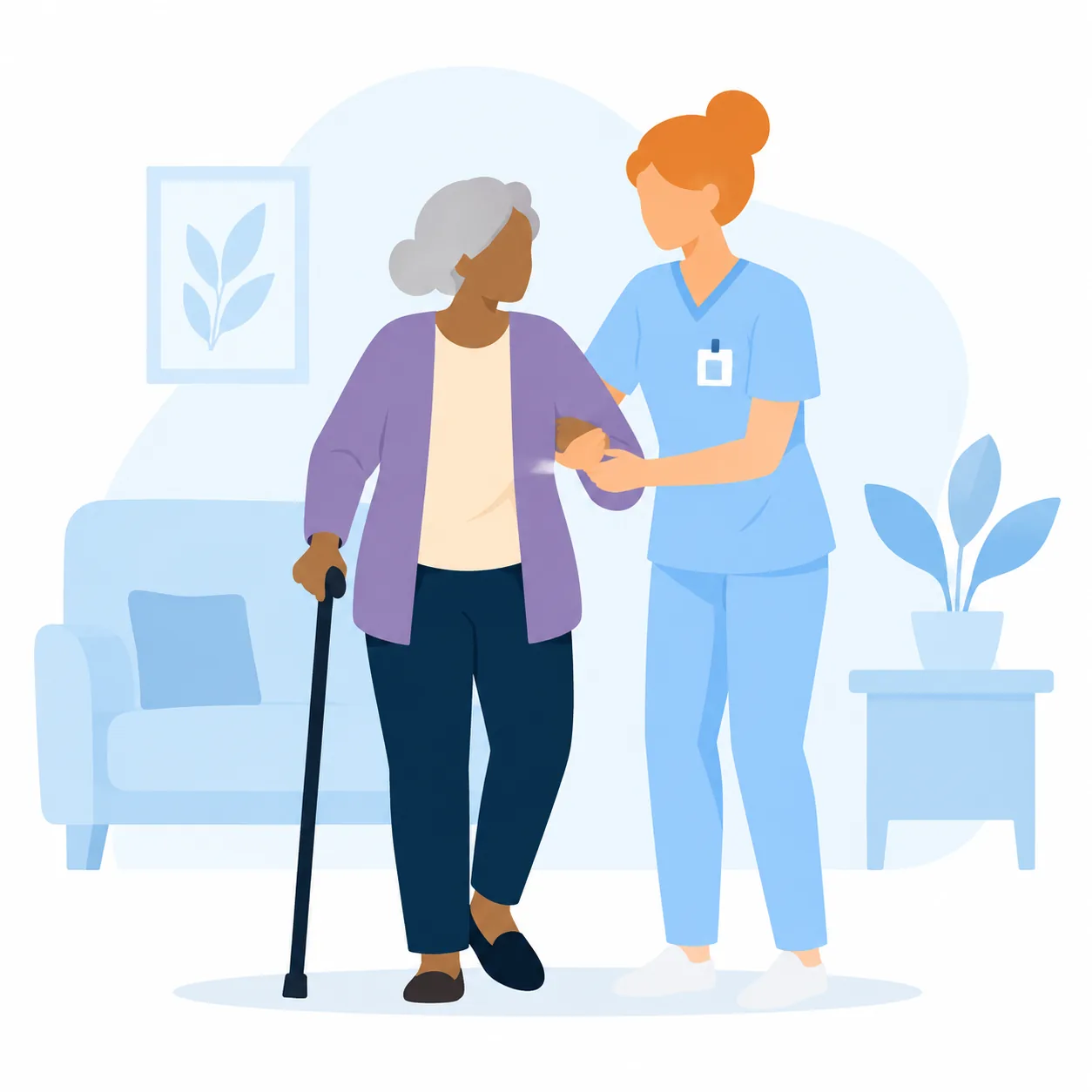 A caregiver in blue scrubs steadies an older woman walking with a cane in her living room