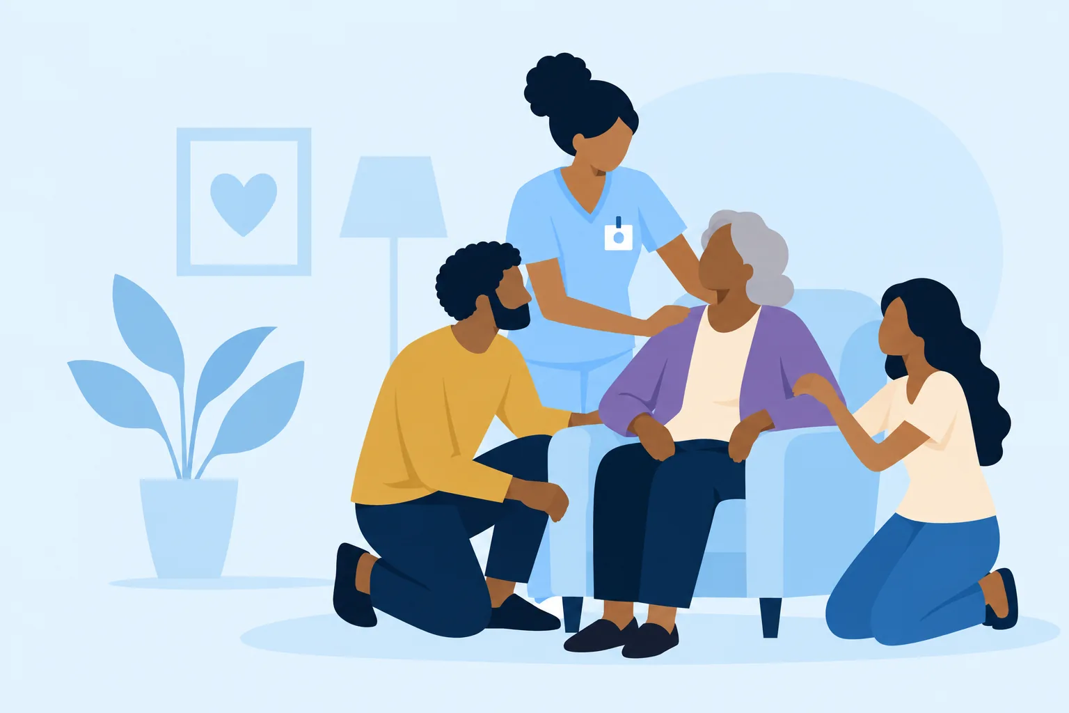 A caregiver stands beside an older woman in an armchair while her son and daughter kneel close by